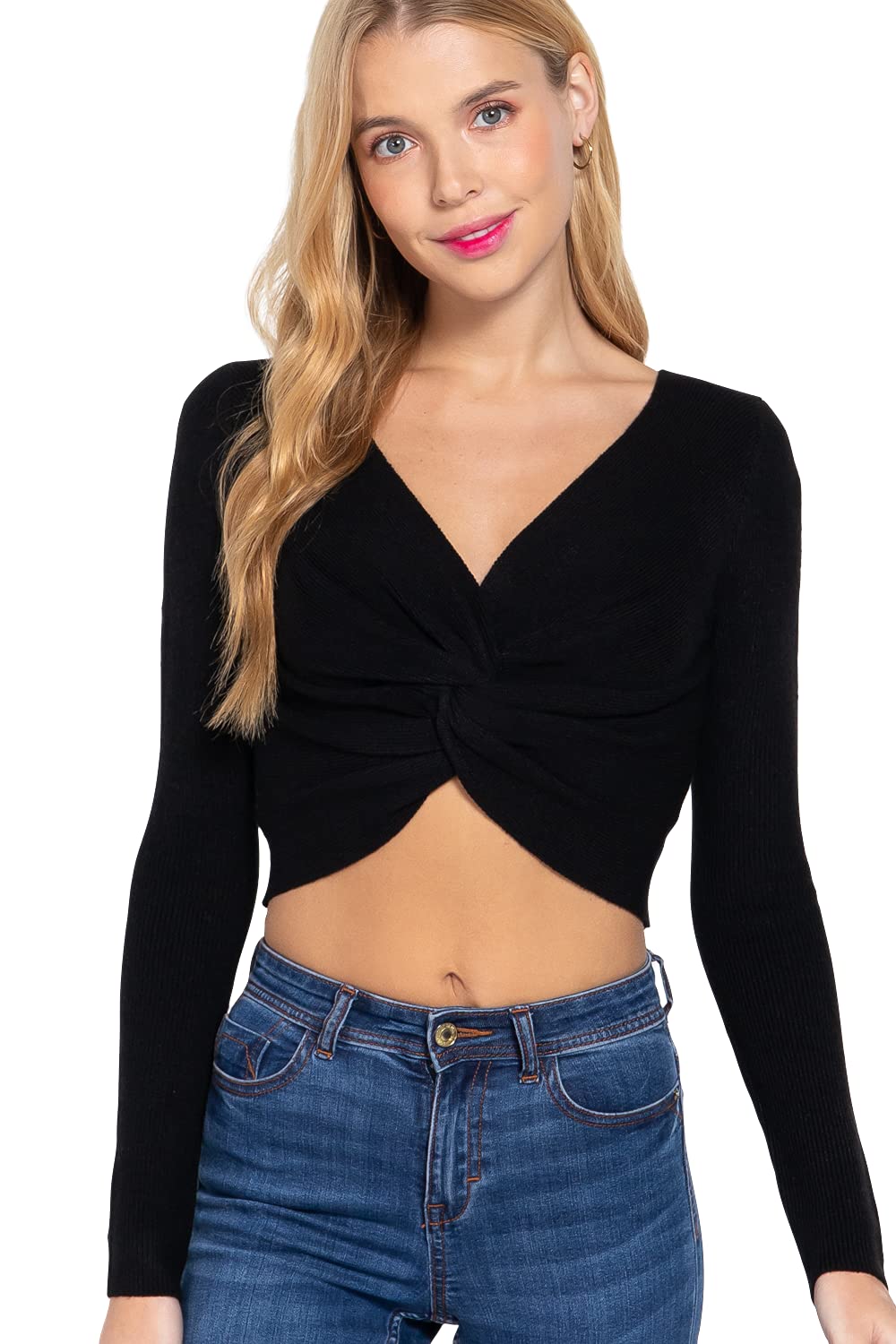Women's Long Sleeve V Neck Front Knotted Detail Crop Sweater Top