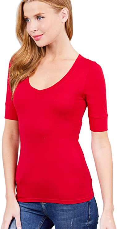 Hollywood Star Fashion Women's Plain Basic Elbow Length Sleeves V Neck Top Fitted Shirt