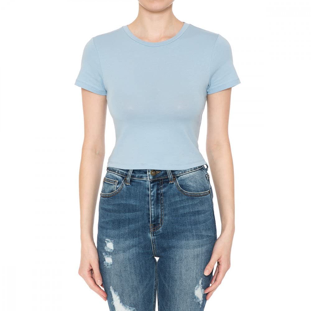 Khanomak Women's Crew Neck Short Sleeve Casual Summer Solid Workout Crop Tee