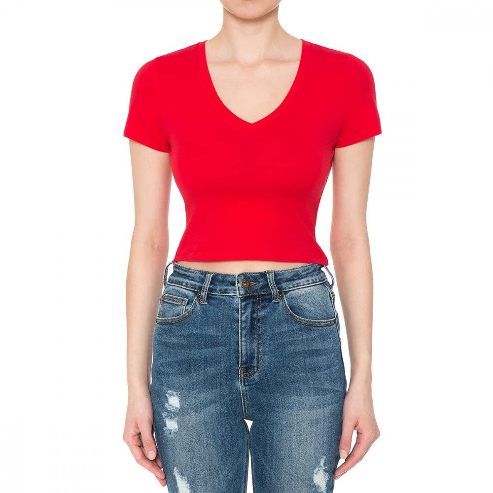 Women's Fitted V-Neck Crop Top Short Sleeve Cotton Stretch Tee Shirt