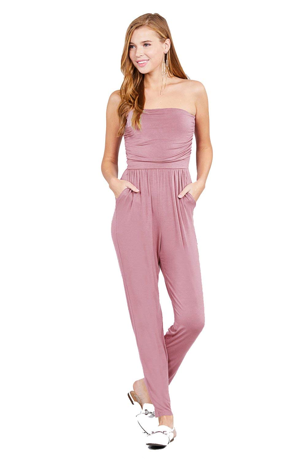 Women Strapless Tube Rayon Jumpsuit with Front Slanted & Pocket