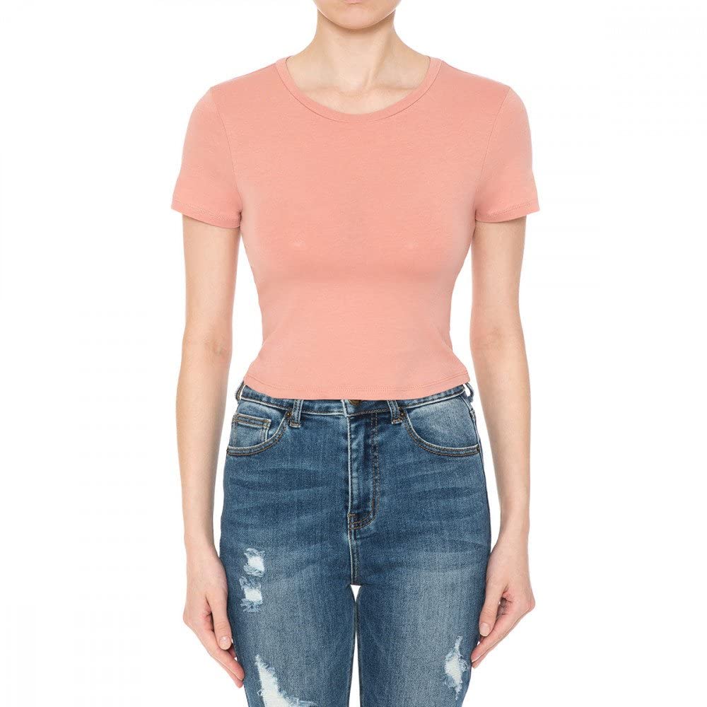 Khanomak Women's Crew Neck Short Sleeve Casual Summer Solid Workout Crop Tee