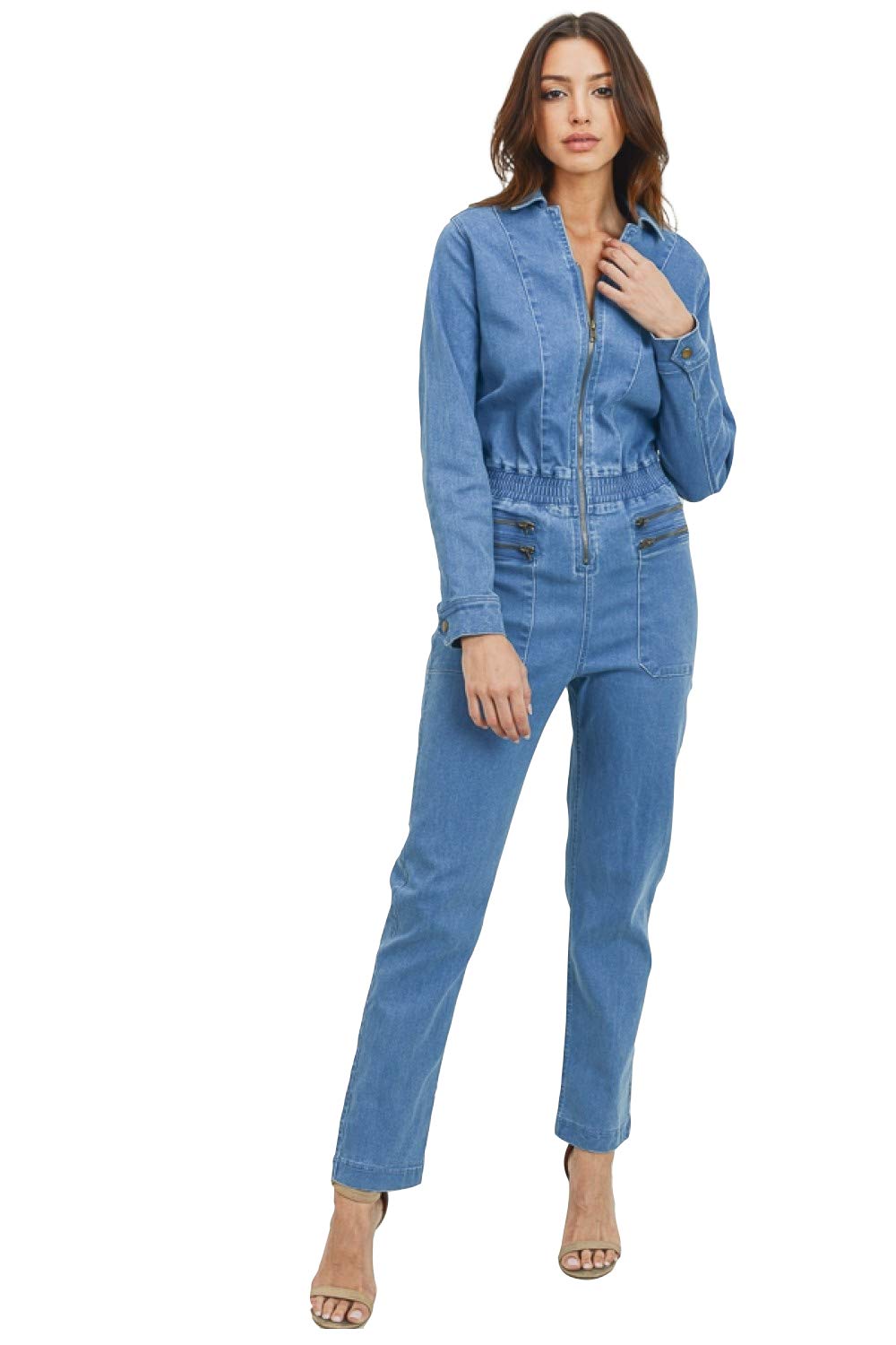 Long denim jumpsuit with long sleeves and zipper - Women