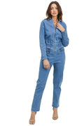 Women's Casual Long Sleeve Denim Jumpsuit Zipper Closure with Smocking details At Waist