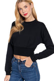 Women's Long Dolman Sleeve Crew Neck Waist Band Inner Fleece Terry Top