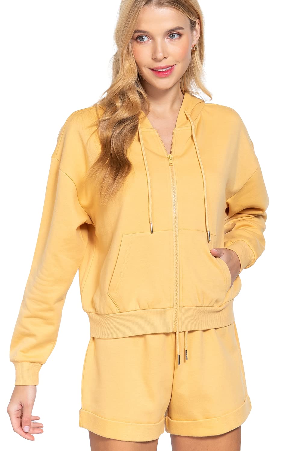 Women's Long Sleeve Inner Brushed French Terry Oversized Hoodie Zip Up Jacket