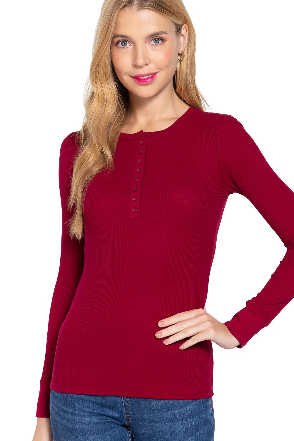 Women's Long Sleeves Henley Thermal Knit Top