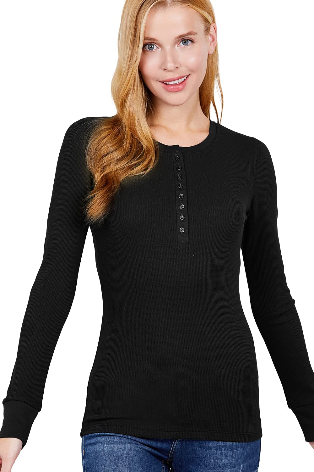 Women's Round Neck Long Sleeves Henley Thermal Knit Top