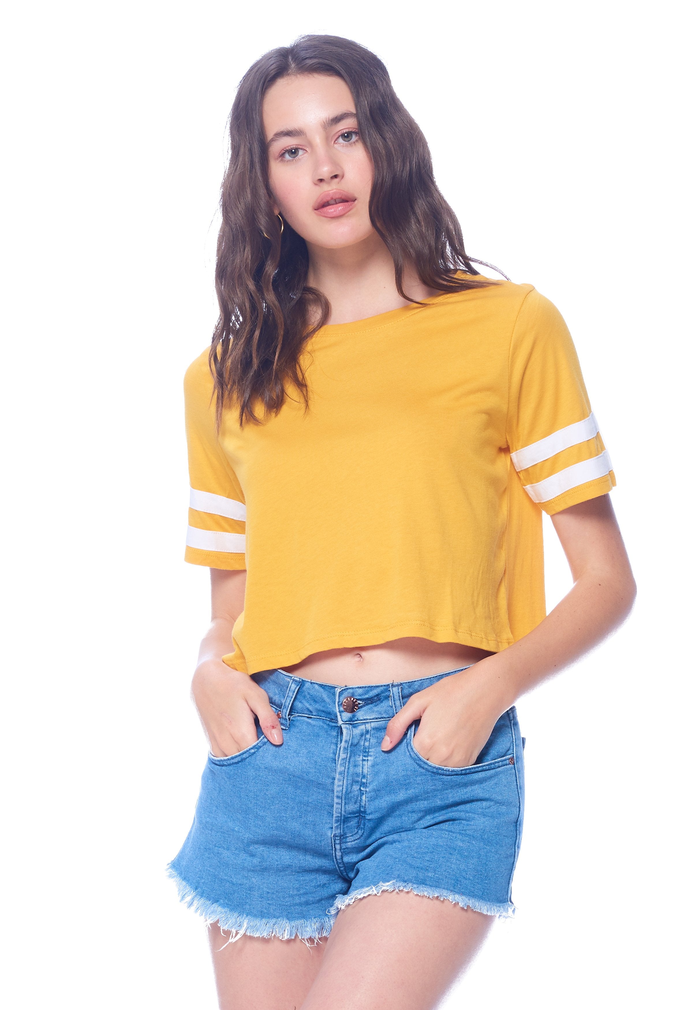 Khanomak Women's Varsity Short Sleeves Stripe Solid Tee Shirt Crop Top