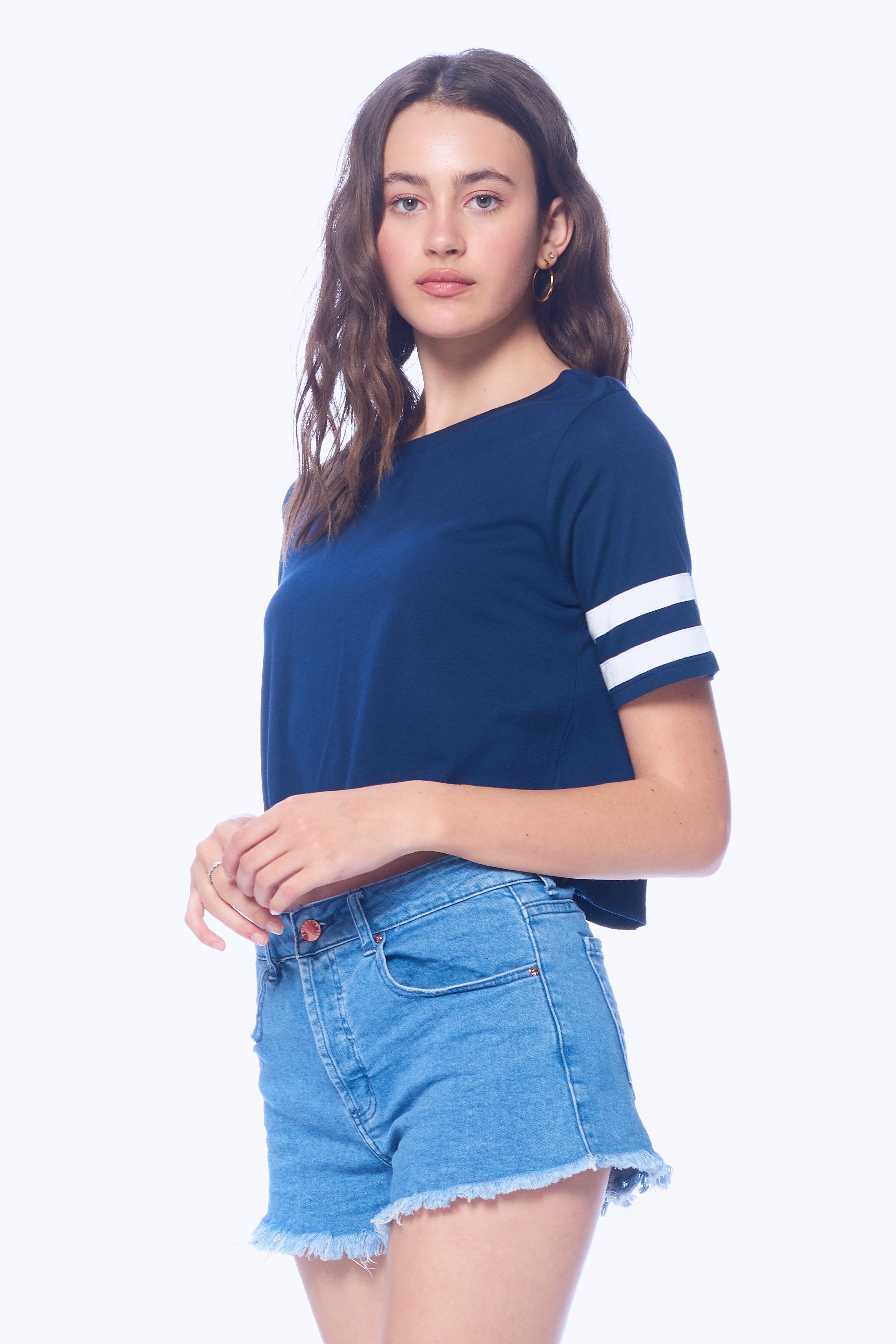 Khanomak Women's Varsity Short Sleeves Stripe Solid Tee Shirt Crop Top