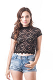 Short Sleeve Mock Neck Lace Mesh Crop Top