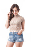 Short Sleeve Mock Neck Lace Mesh Crop Top