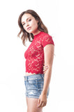 Short Sleeve Mock Neck Lace Mesh Crop Top