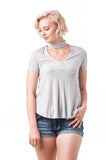 Short Sleeve Ribbed V-Neck Choker Cut-Out Top