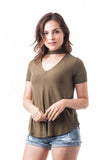 Short Sleeve Ribbed V-Neck Choker Cut-Out Top