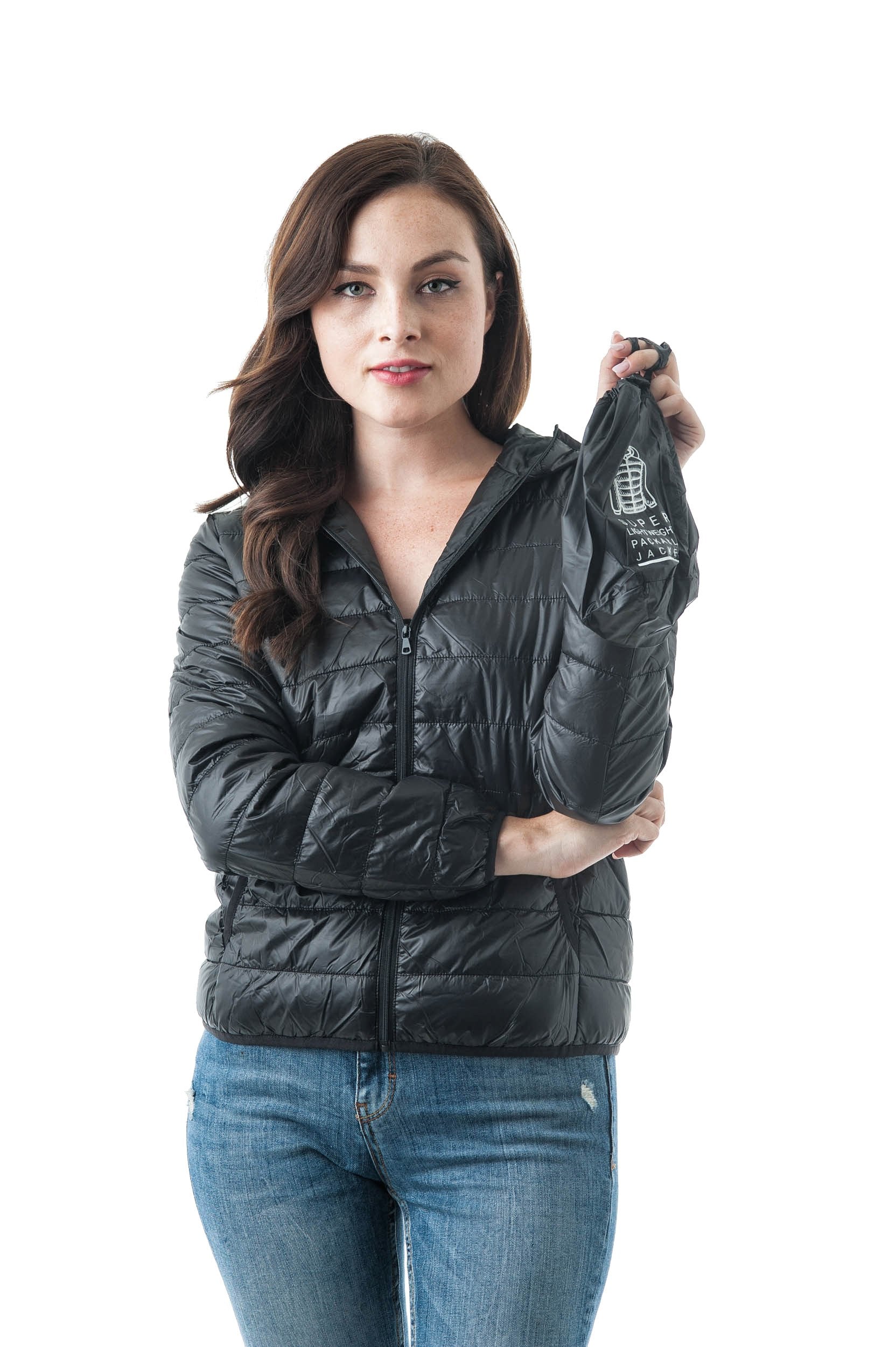 Long Sleeve Light Weight Hooded Packable Down Jacket with Carry Bag