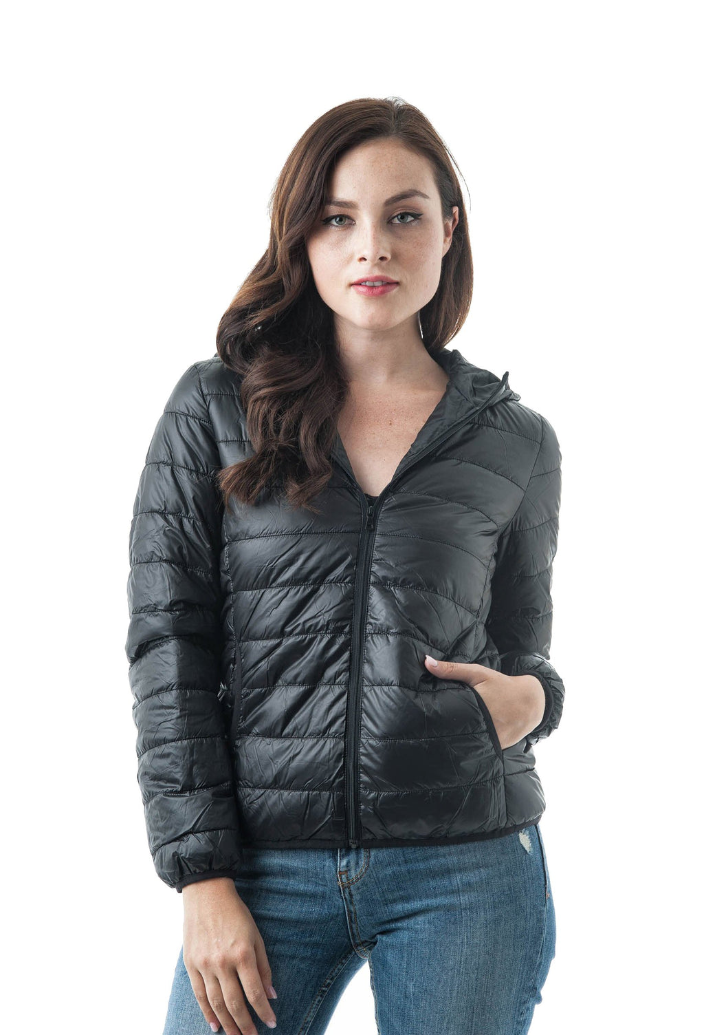 Long Sleeve Light Weight Hooded Packable Down Jacket with Carry Bag