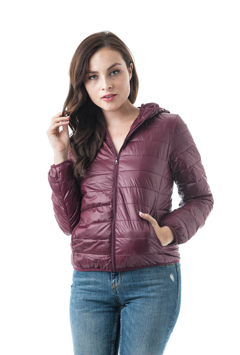 Long Sleeve Light Weight Hooded Packable Down Jacket with Carry Bag