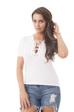 Short Sleeve Ribbed Lace Up Knit Top