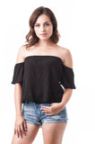 Short Sleeve Off The Shoulder Crinkled Flounce Crop Top