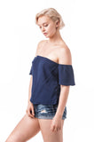 Short Sleeve Off The Shoulder Crinkled Flounce Crop Top