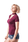 Short sleeve Solid V Neck Choker Cut-Out Top