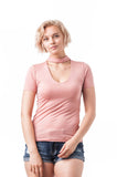 Short sleeve Solid V Neck Choker Cut-Out Top