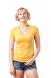 Short sleeve Solid V Neck Choker Cut-Out Top