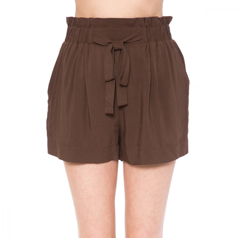 Solid Lightweight High-Rise Self Tie Ribbon Belt Elasticized Waist Slanted Front Pockets Shorts