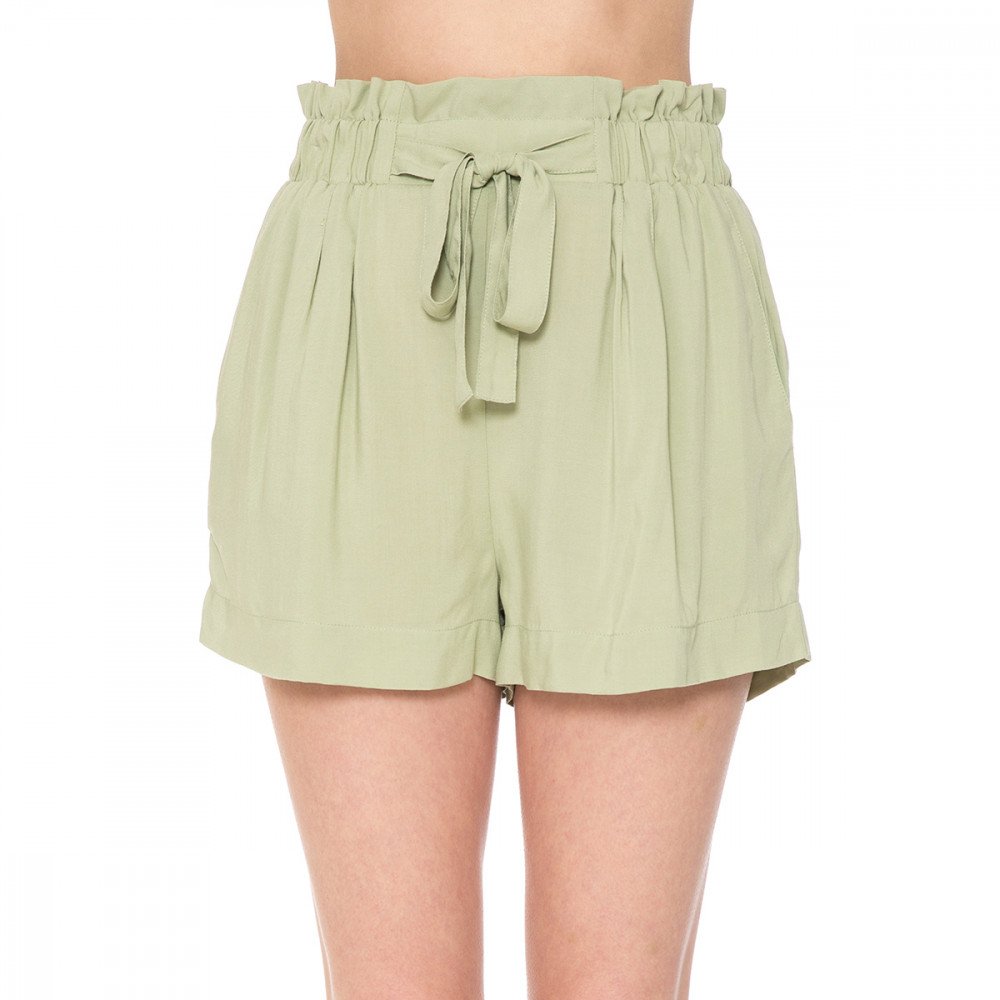 Solid Lightweight High-Rise Self Tie Ribbon Belt Elasticized Waist Slanted Front Pockets Shorts