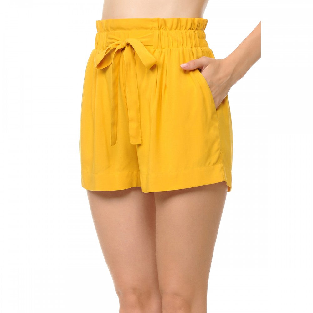 Solid Lightweight High-Rise Self Tie Ribbon Belt Elasticized Waist Slanted Front Pockets Shorts