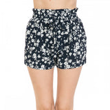 Women's Monotone Floral Print Tie-Front High Paperbag Waist Woven Pull-On Shorts