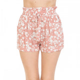 Women's Monotone Floral Print Tie-Front High Paperbag Waist Woven Pull-On Shorts