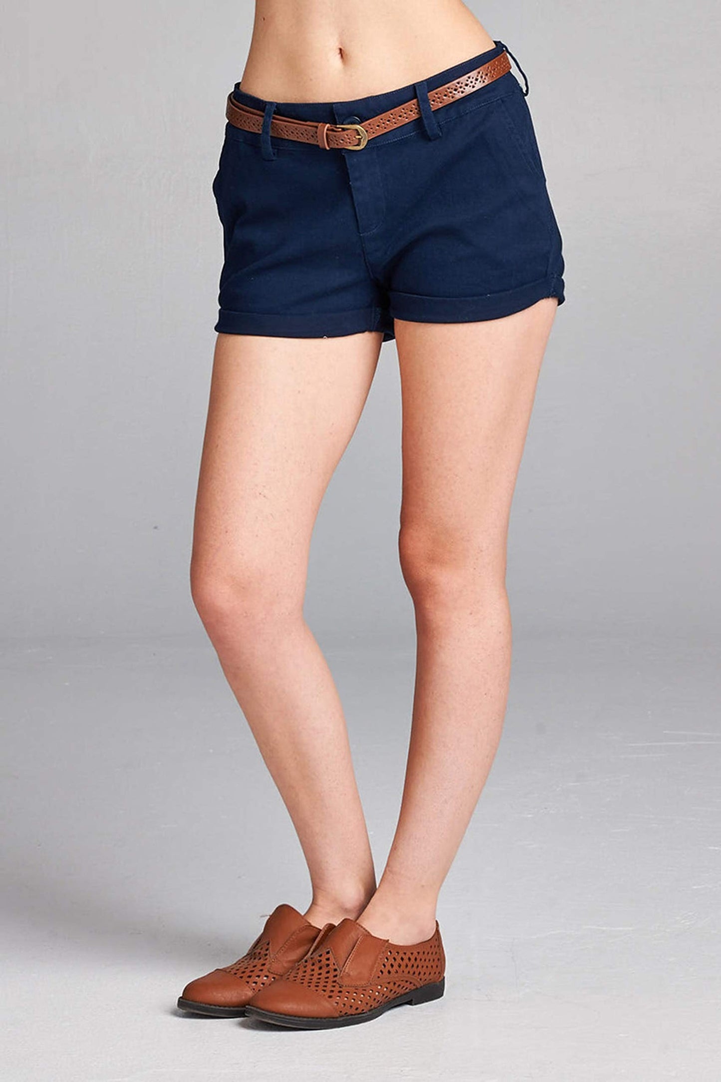 Women's Cotton Spandex Twill With Belt Cuffed Hem Shorts