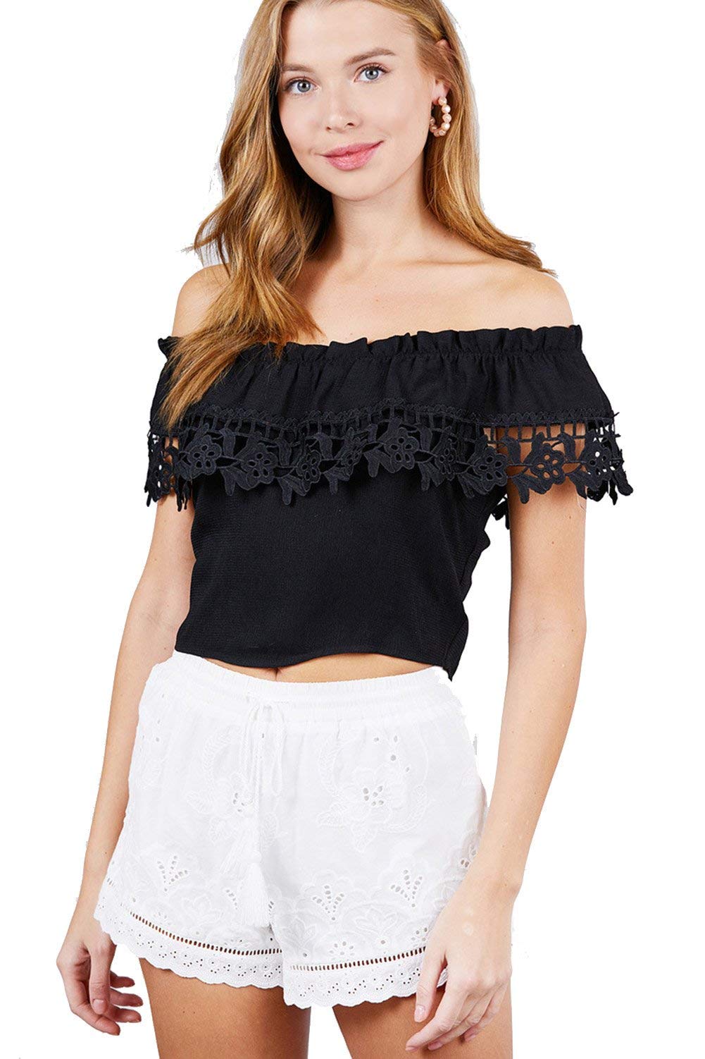 Women's Off-Shoulder Ruffle Back Smocked Detail Woven Top