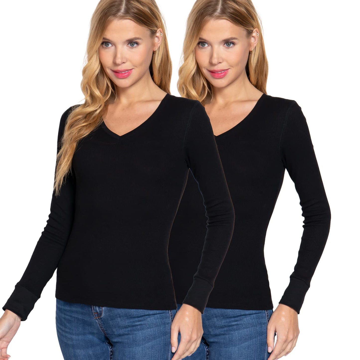 Cotton Blend Thermal V Neck Knit Top for women long sleeves