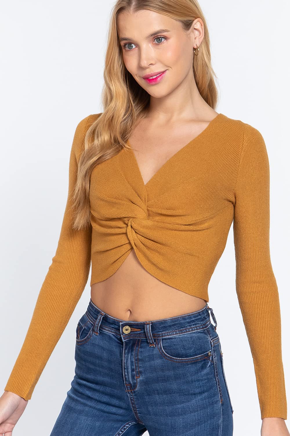 Women's Long Sleeve V Neck Front Knotted Detail Crop Sweater Top