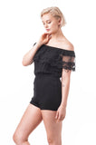 Lace Ruffle Off Shoulder Solid Coverall Romper