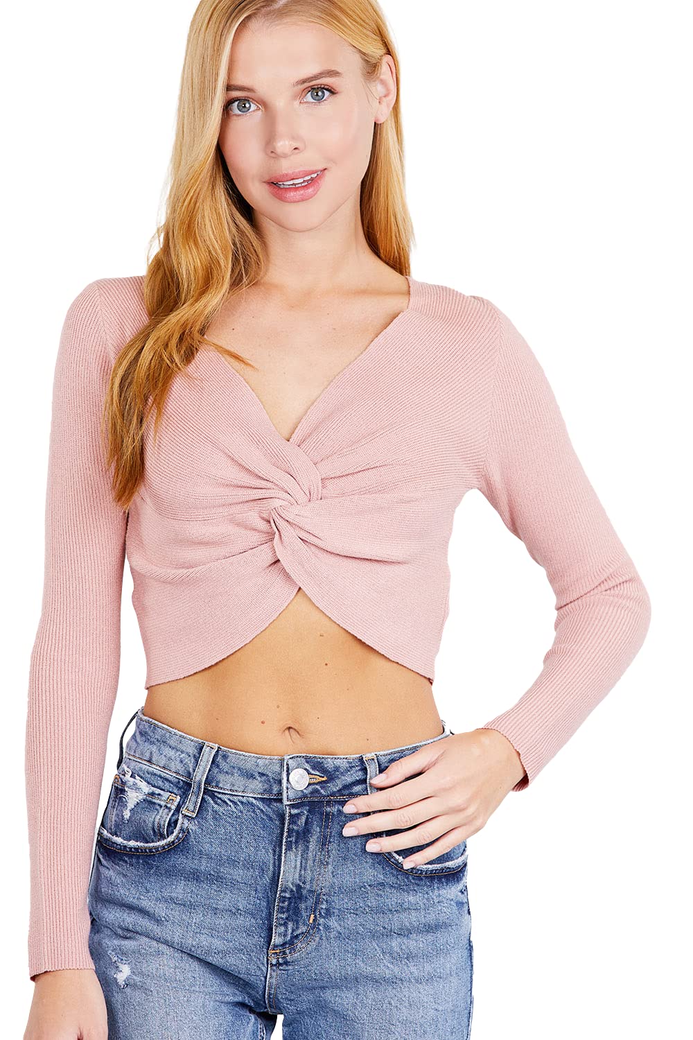 Women's Long Sleeve V Neck Front Knotted Detail Crop Sweater Top