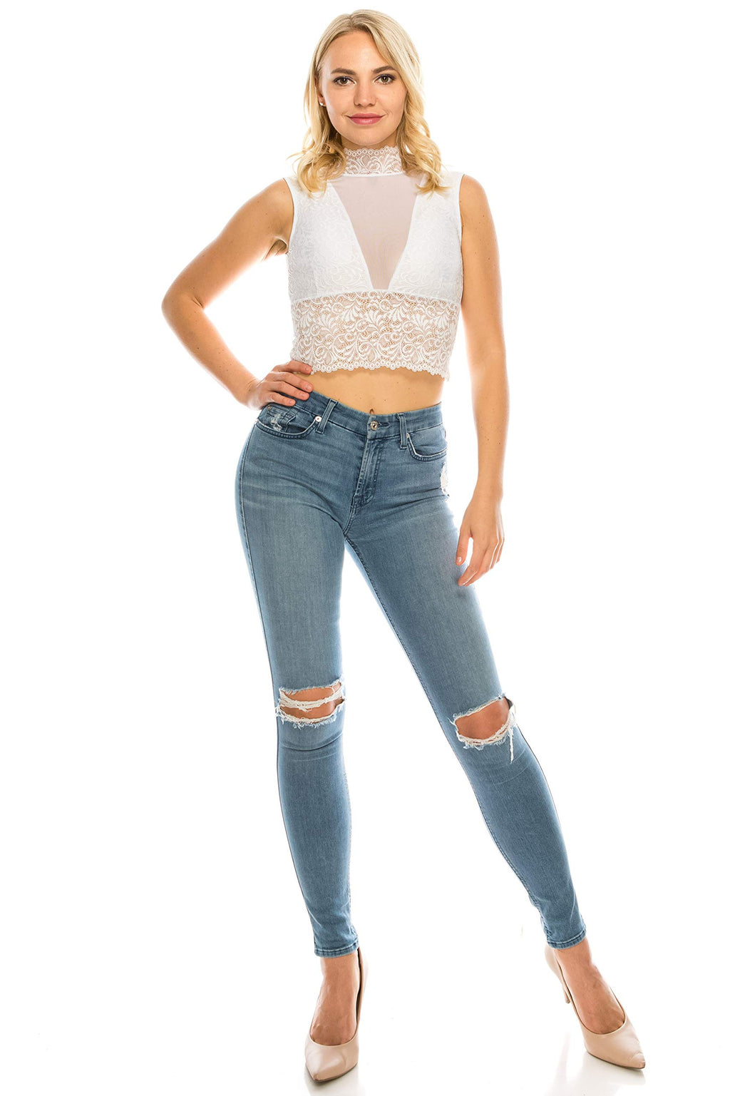 Women's Lace Mesh Design Highneck Padded Crop Top Back Zipper