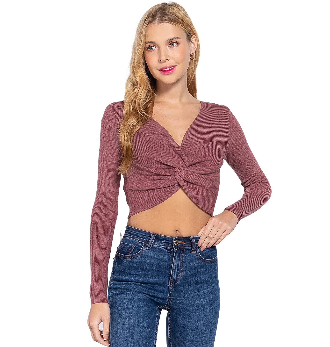 Women's Long Sleeve V Neck Front Knotted Detail Crop Sweater Top