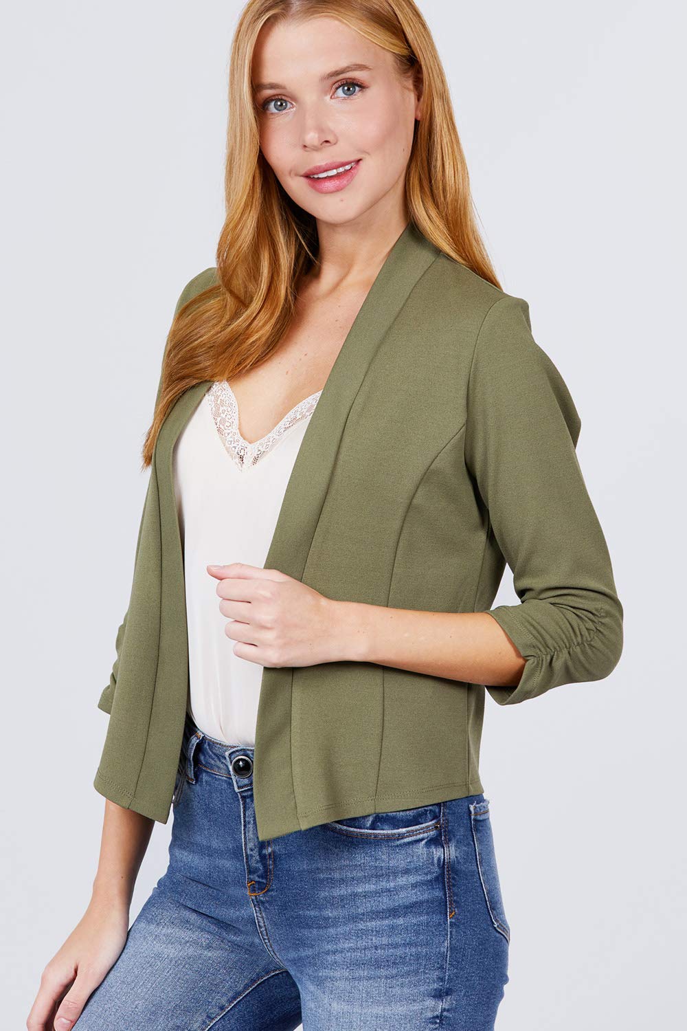 Women's 3/4 Shirring Sleeve Open Front Knit Casual Jacket