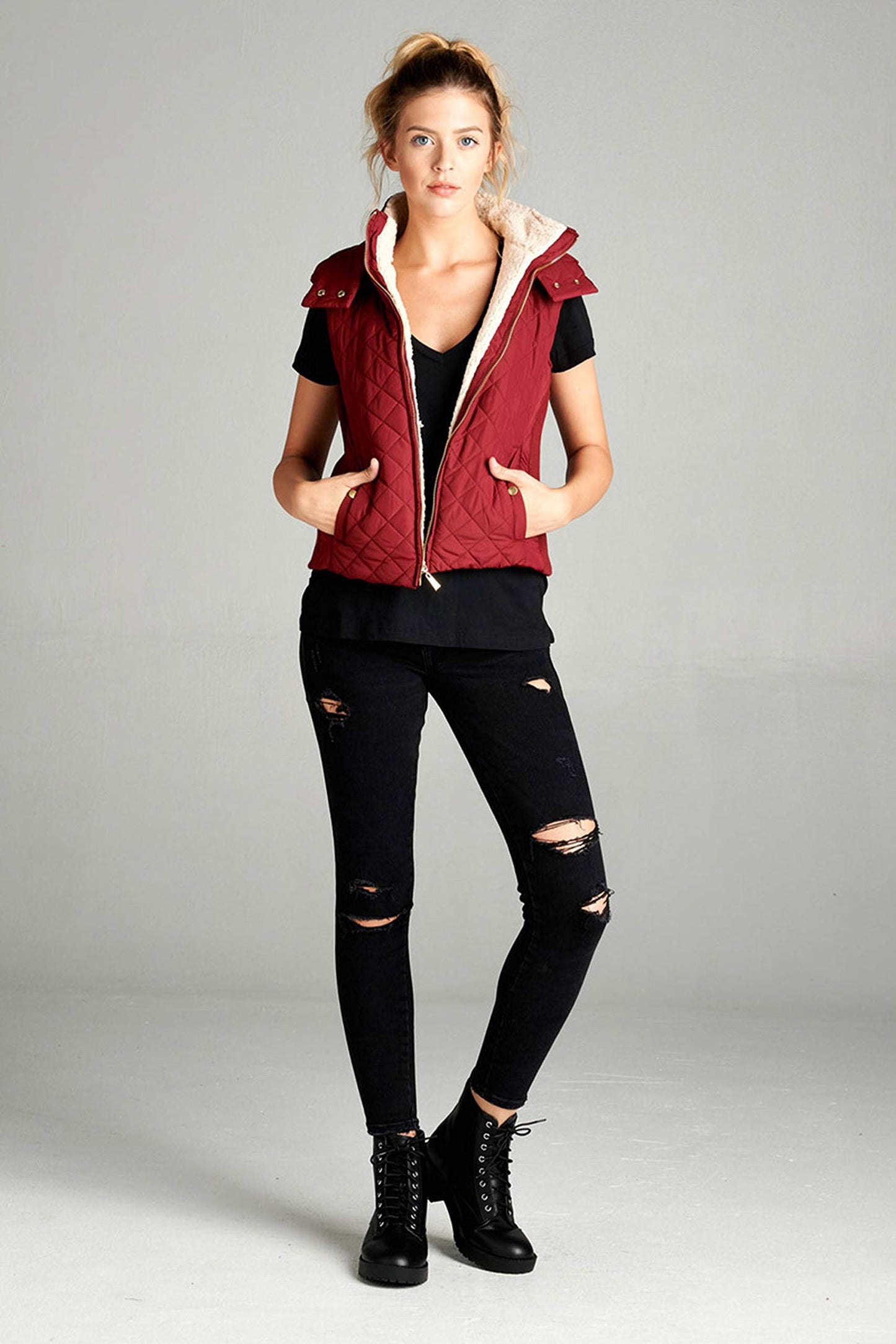 Khanomak Women's Shearling Lined Quilted Padding Hoodie Vest