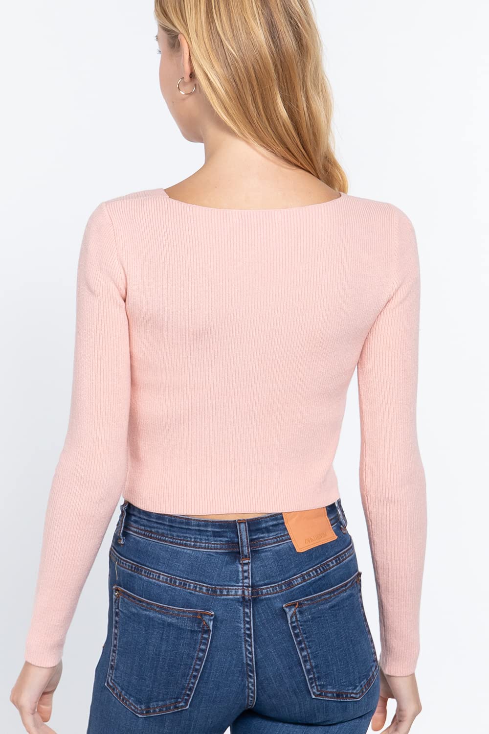Women's Long Sleeve V Neck Front Knotted Detail Crop Sweater Top