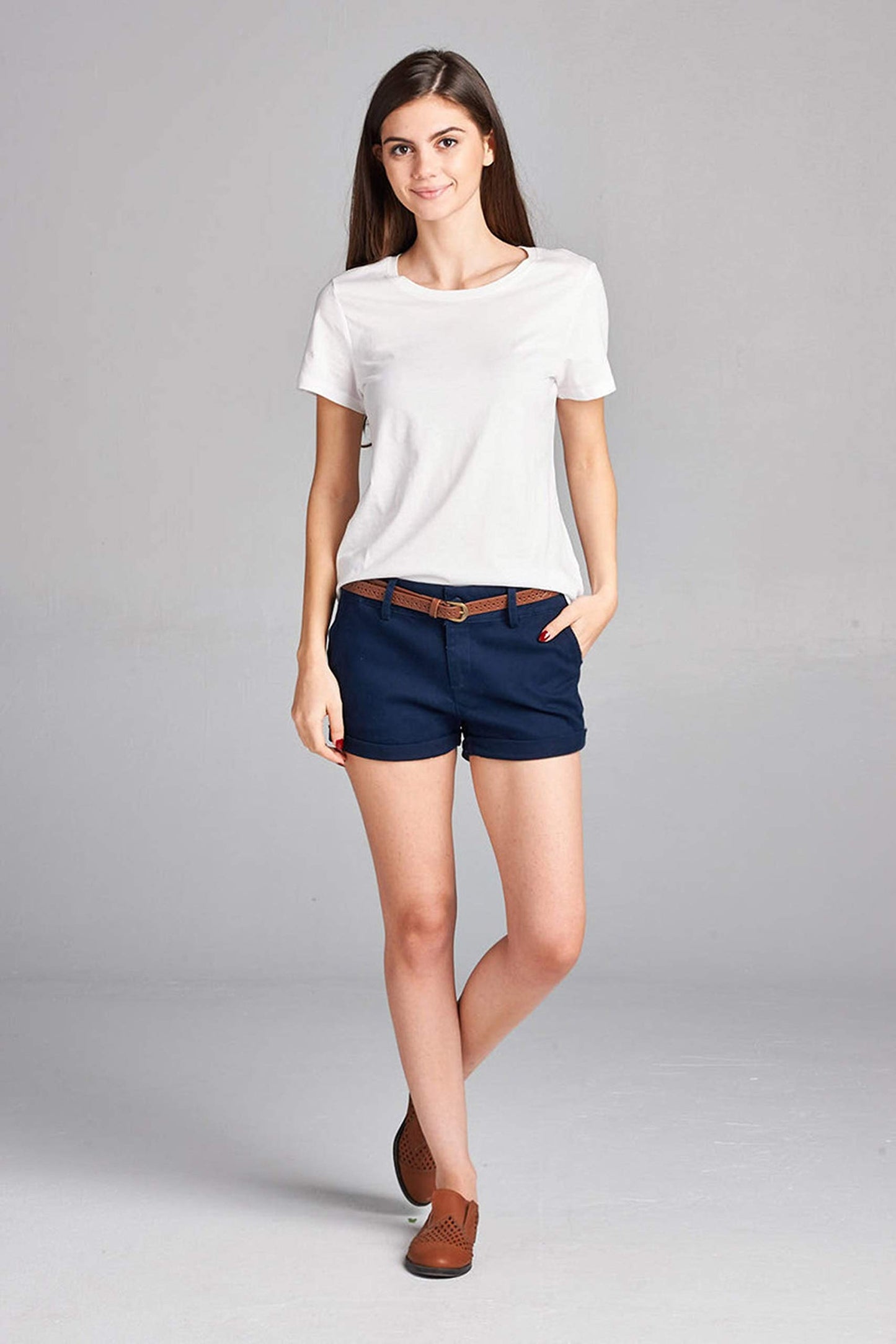 Women's Cotton Spandex Twill With Belt Cuffed Hem Shorts