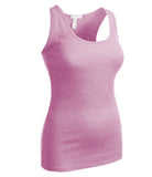 Women's Long Ribbed Rib Racerback Tank Top Cotton Stretch Quality Tunic Basic (Small, Heather Pink)