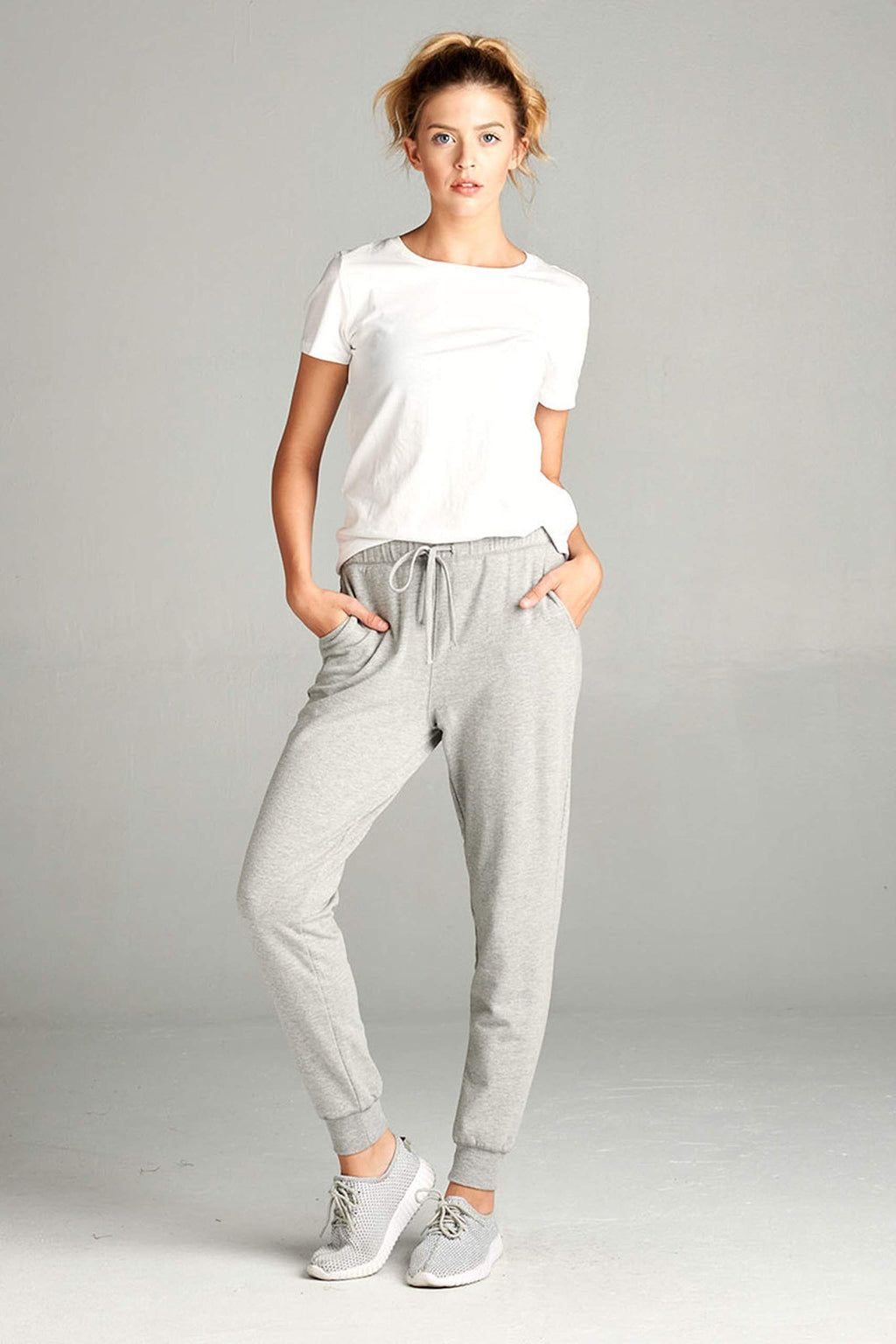 Khanomak Plain Long Drawstring Waist Front Pockets French Terry Joggers1