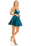 Women's Spaghetti Strap Heavy Satin Flare Cocktail V-Neck Homecoming Dress