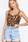 Women's Sleeveless Double Scoop Neck Leopard Print Rib Bodysuit