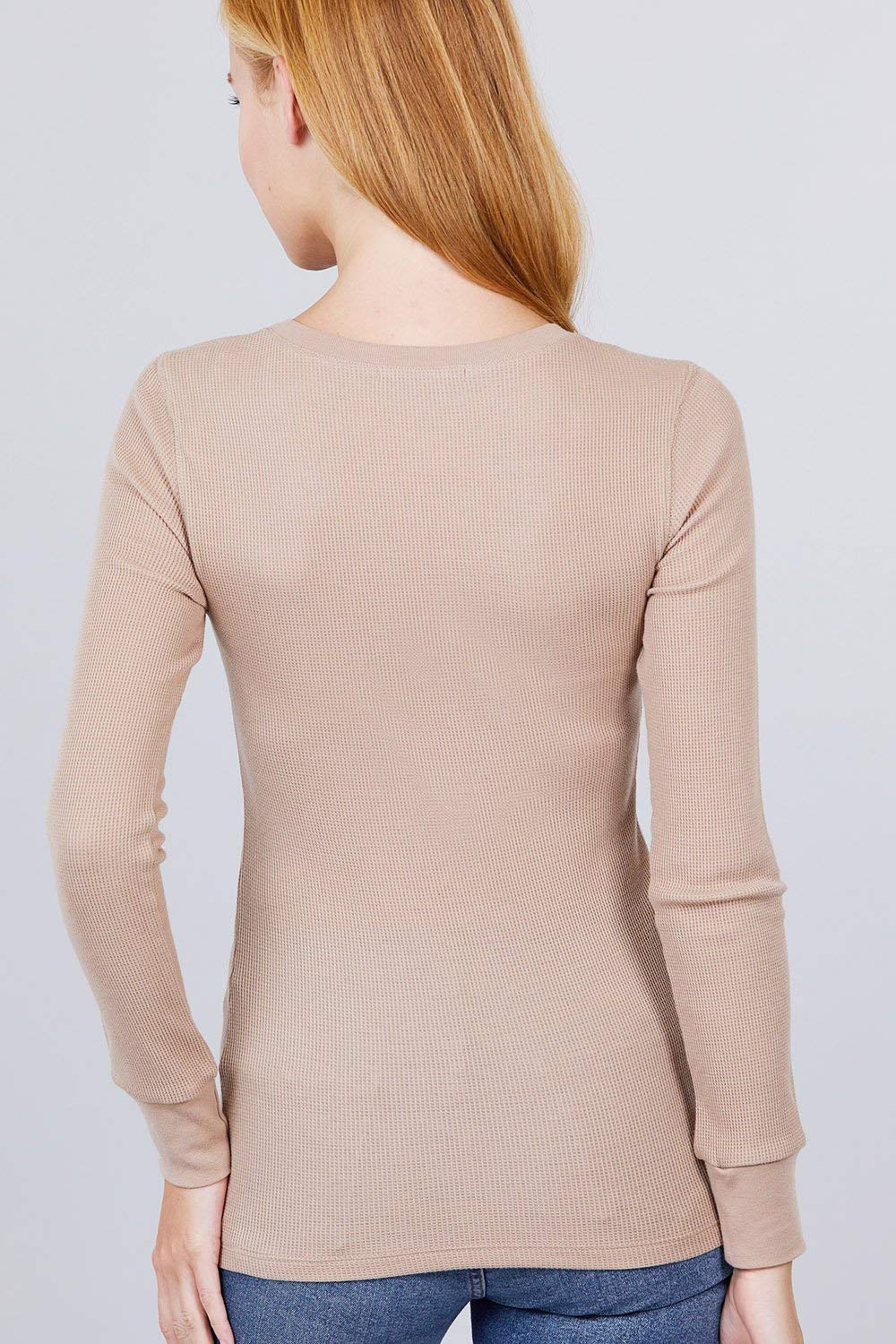 Cotton Blend Thermal V Neck Knit Top for Women Long Sleeves Khaki